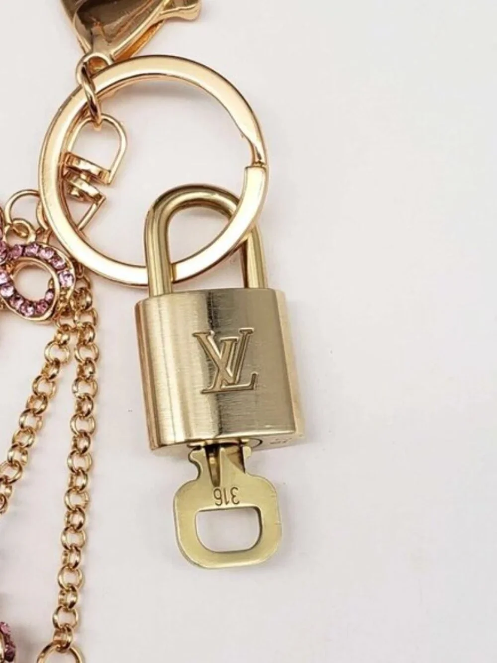 LV Authentic Gold Lock & Key 🔑 Luxury Bag Charm w/ Unbranded Flower Keychain